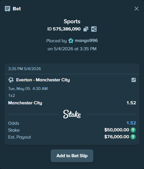 Bet slip: Everton - Manchester City, $50,000.00 stake at 1.52 odds, placed by mango996