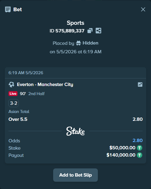 Bet slip: Everton - Manchester City, $50,000.00 stake at 2.80 odds, placed by Hidden