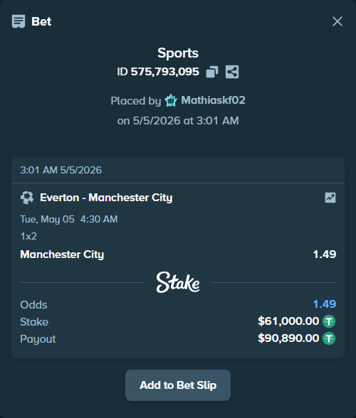 Bet slip: Everton - Manchester City, $61,000.00 stake at 1.49 odds, placed by Mathiaskf02