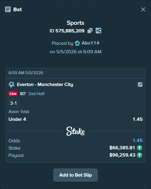 Bet slip: Everton - Manchester City, $66,385.81 stake at 1.45 odds, placed by Abo114