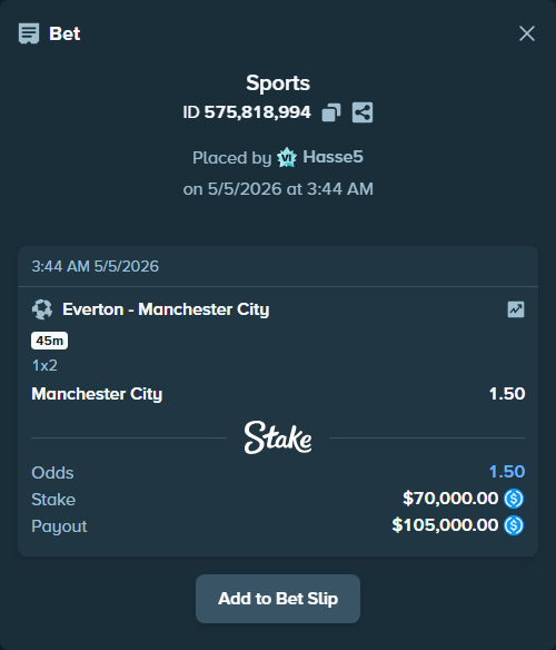 Bet slip: Everton - Manchester City, $70,000.00 stake at 1.50 odds, placed by Hasse5