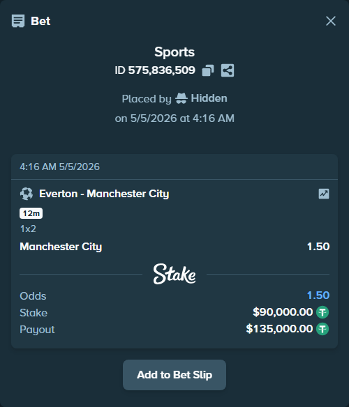 Bet slip: Everton - Manchester City, $90,000.00 stake at 1.50 odds, placed by Hidden