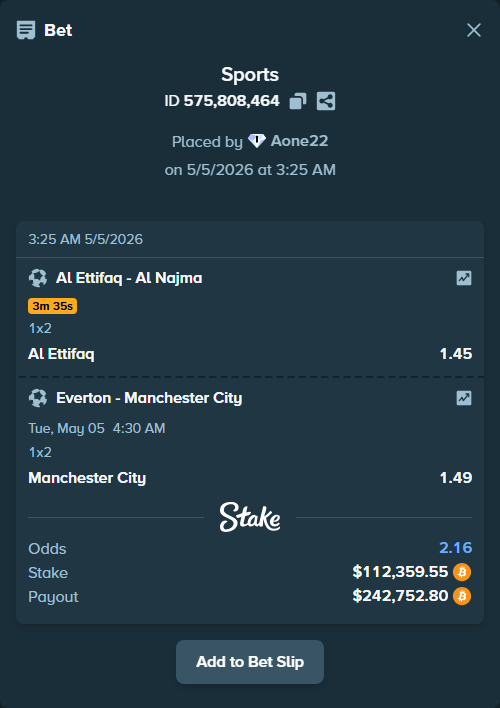 Bet slip: Everton - Manchester City, $98,000.00 stake at 1.49 odds, placed by Aone22
