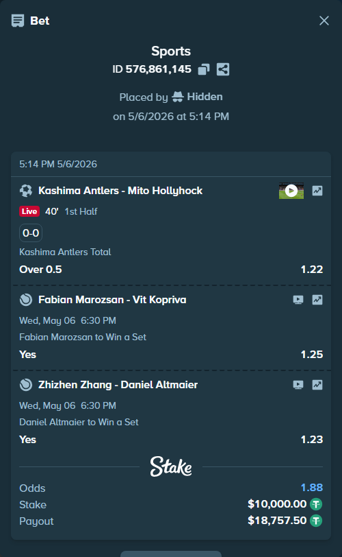 Bet slip: Fabian Marozsan - Vit Kopriva, $10,000.00 stake at 1.25 odds, placed by Hidden