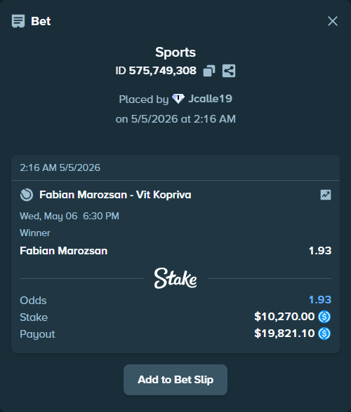Bet slip: Fabian Marozsan - Vit Kopriva, $10,270.00 stake at 1.93 odds, placed by Jcalle19