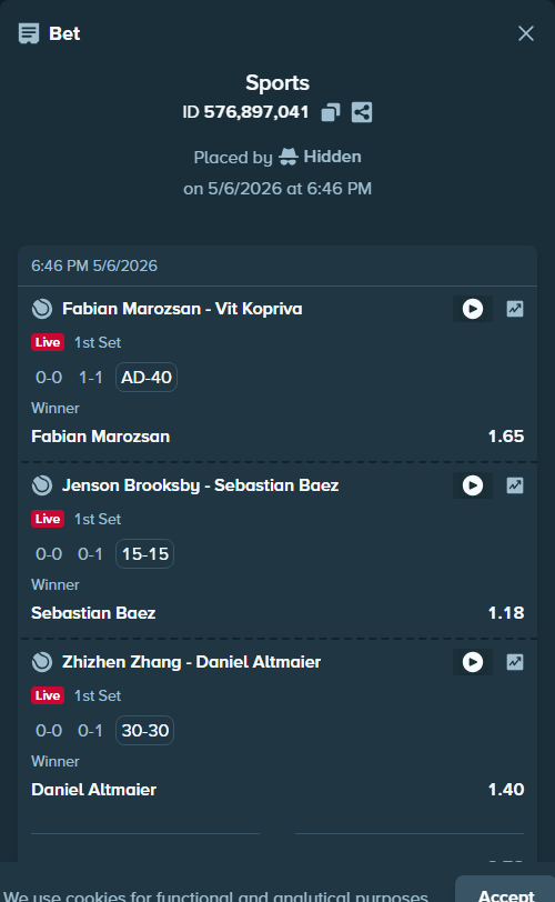 Bet slip: Fabian Marozsan - Vit Kopriva, $11,184.00 stake at 1.65 odds, placed by Hidden