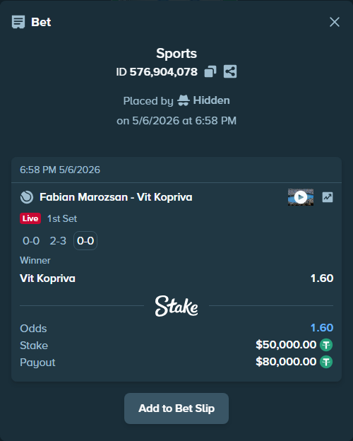 Bet slip: Fabian Marozsan - Vit Kopriva, $50,000.00 stake at 1.60 odds, placed by Hidden