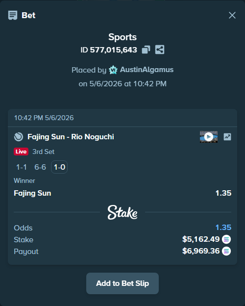 Bet slip: Fajing Sun - Rio Noguchi, $11,646.58 stake at 1.35 odds, placed by AustinAlgamus