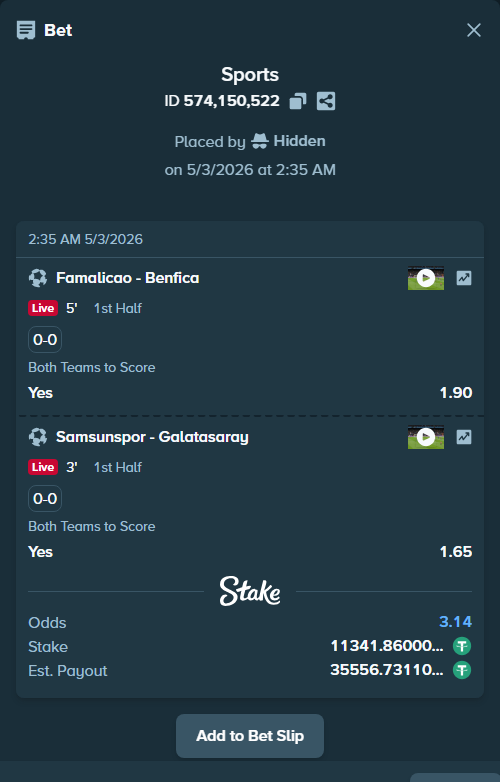 Bet slip: Famalicao - Benfica, $11,341.86 stake at 1.90 odds, placed by Hidden