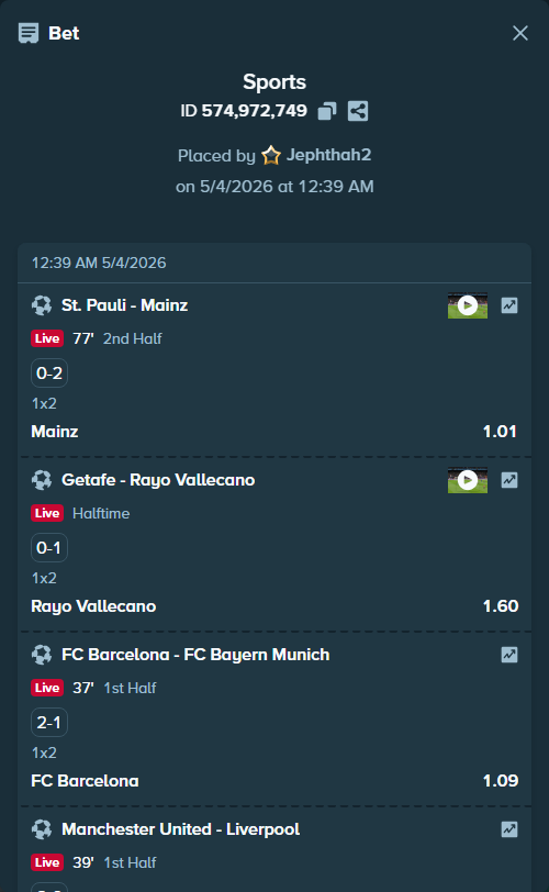 Bet slip: FC Barcelona - Bayern Munich, $20,000.00 stake at 1.09 odds, placed by Jephthah2