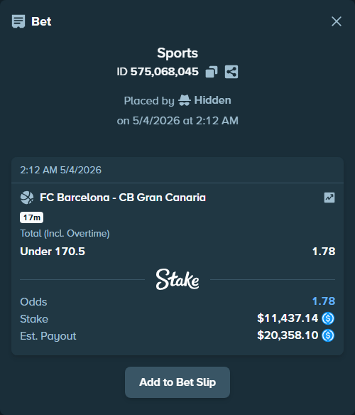 Bet slip: FC Barcelona - CB Gran Canaria, $11,437.14 stake at 1.78 odds, placed by Hidden