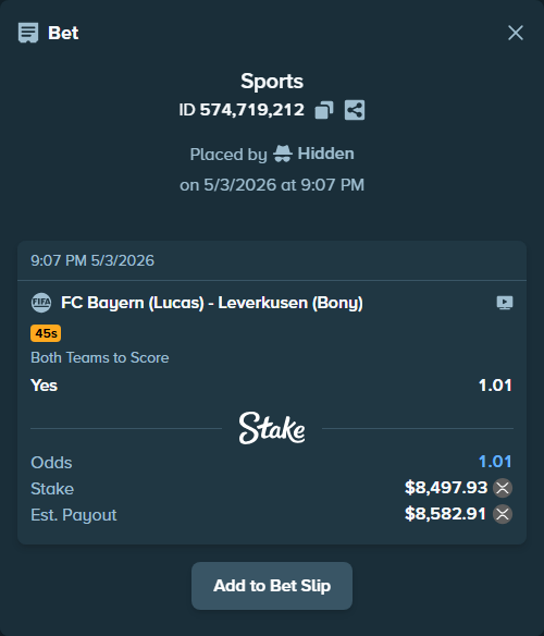 Bet slip: FC Bayern (Lucas) - Leverkusen (Bony), $15,289.91 stake at 1.01 odds, placed by Hidden