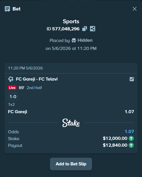 Bet slip: FC Gareji Sagarejo - FC Telavi, $12,000.00 stake at 1.07 odds, placed by Hidden