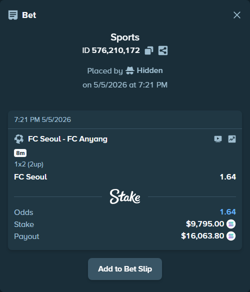 Bet slip: FC Seoul - FC Anyang, $23,174.97 stake at 1.64 odds, placed by Hidden