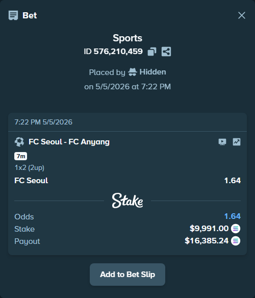 Bet slip: FC Seoul - FC Anyang, $23,638.71 stake at 1.64 odds, placed by Hidden