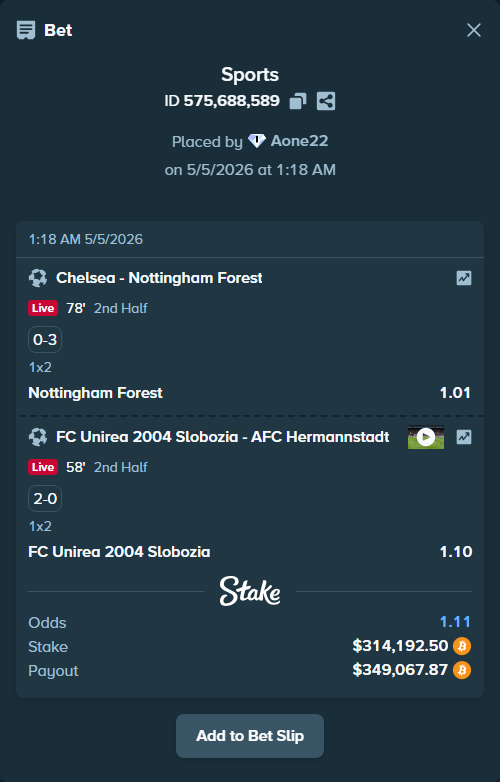 Bet slip: FC Unirea 2004 Slobozia - AFC Hermannstadt, $276,458.00 stake at 1.10 odds, placed by Aone22