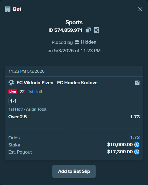 Bet slip: FC Viktoria Plzen - FC Hradec Kralove, $10,000.00 stake at 1.73 odds, placed by JDKING23