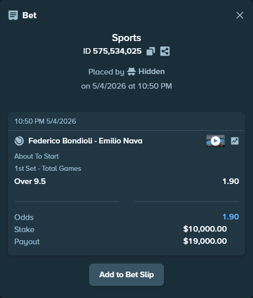 Bet slip: Federico Bondioli - Emilio Nava, $10,000.00 stake at 1.90 odds, placed by Jcalle19