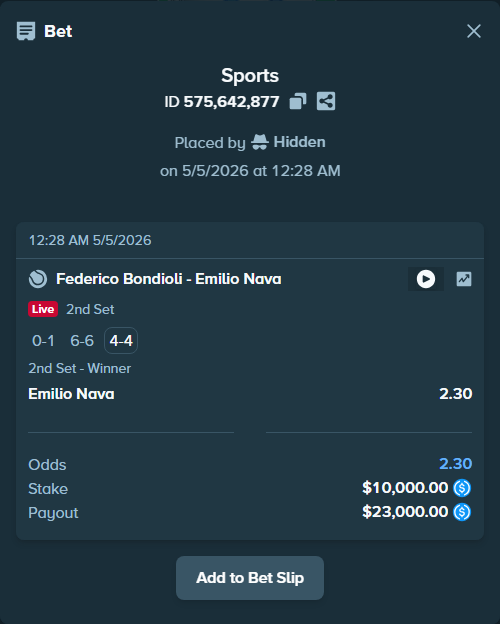 Bet slip: Federico Bondioli - Emilio Nava, $10,000.00 stake at 2.30 odds, placed by Hidden