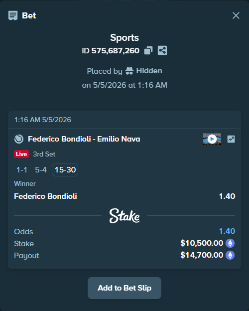 Bet slip: Federico Bondioli - Emilio Nava, $15,673.88 stake at 1.40 odds, placed by Hidden