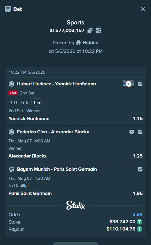 Bet slip: Federico Cina - Alexander Blockx, $38,742.00 stake at 1.25 odds, placed by Hidden