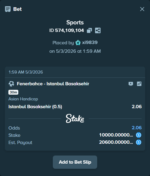 Bet slip: Fenerbahce Istanbul - Istanbul Basaksehir, $10,000.00 stake at 2.06 odds, placed by xi9839