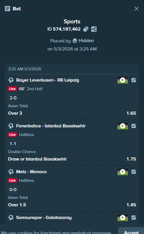 Bet slip: Fenerbahce Istanbul - Istanbul Basaksehir, $30,000.00 stake at 1.75 odds, placed by Hidden