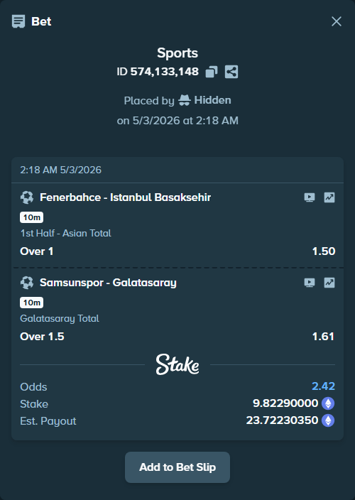 Bet slip: Fenerbahce Istanbul - Istanbul Basaksehir, $34,380.15 stake at 1.50 odds, placed by Hidden