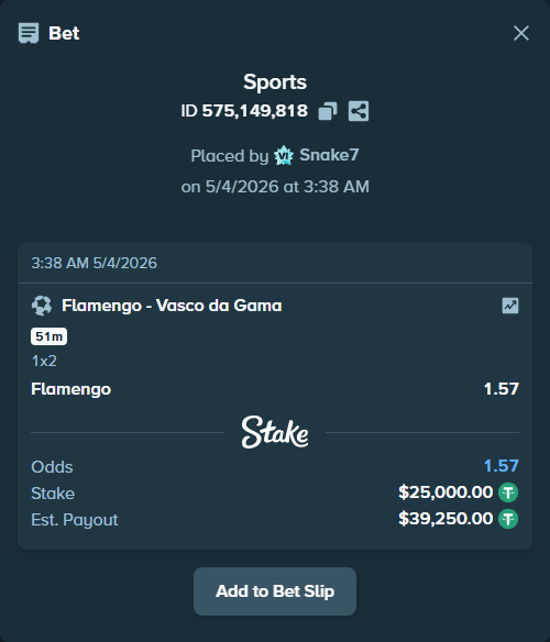 Bet slip: Flamengo - Vasco da Gama, $25,000.00 stake at 1.57 odds, placed by Snake7