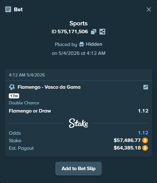 Bet slip: Flamengo - Vasco da Gama, $51,145.98 stake at 1.12 odds, placed by Hidden