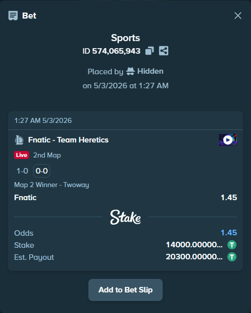 Bet slip: Fnatic - Team Heretics, $14,000.00 stake at 1.45 odds, placed by Hidden