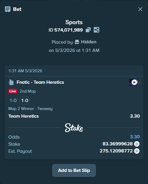 Bet slip: Fnatic - Team Heretics, $16,674.00 stake at 3.30 odds, placed by Hidden