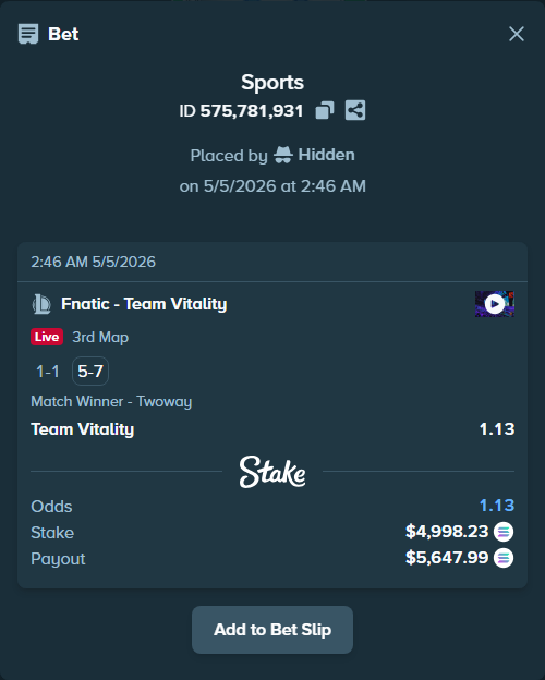 Bet slip: Fnatic - Team Vitality, $11,815.80 stake at 1.13 odds, placed by Hidden