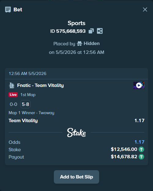 Bet slip: Fnatic - Team Vitality, $12,546.00 stake at 1.17 odds, placed by Hidden