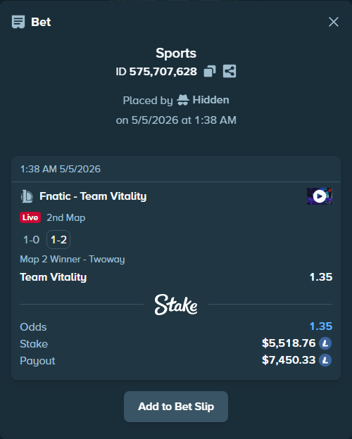 Bet slip: Fnatic - Team Vitality, $13,000.00 stake at 1.35 odds, placed by Hidden