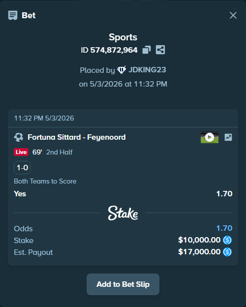 Bet slip: Fortuna Sittard - Feyenoord, $10,000.00 stake at 1.70 odds, placed by JDKING23