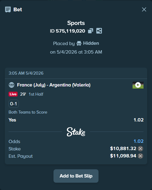 Bet slip: France (July) - Argentina (Valeria), $19,499.32 stake at 1.02 odds, placed by Hidden