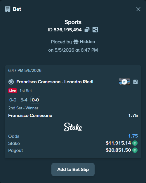 Bet slip: Francisco Comesana - Leandro Riedi, $11,915.14 stake at 1.75 odds, placed by Hidden