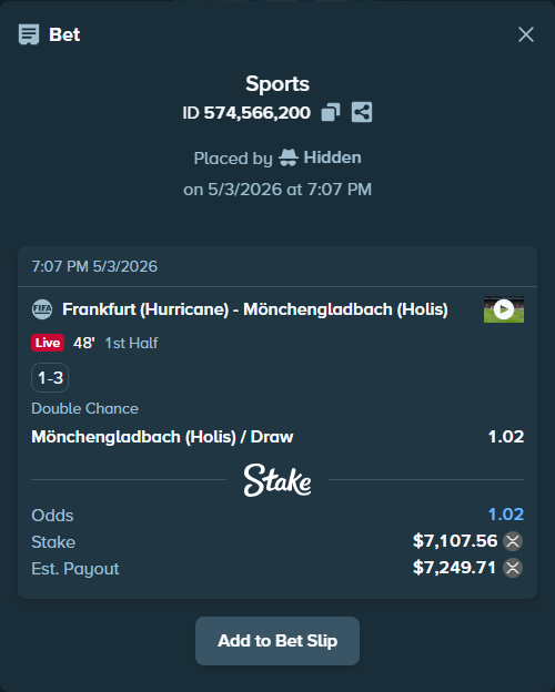 Bet slip: Frankfurt (Hurricane) - Mönchengladbach (Holis), $12,807.83 stake at 1.02 odds, placed by Hidden