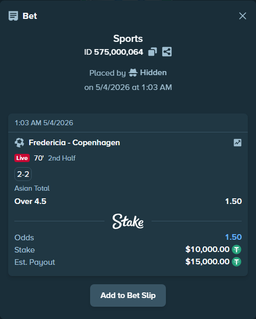 Bet slip: Fredericia - Copenhagen, $10,000.00 stake at 1.50 odds, placed by Hidden