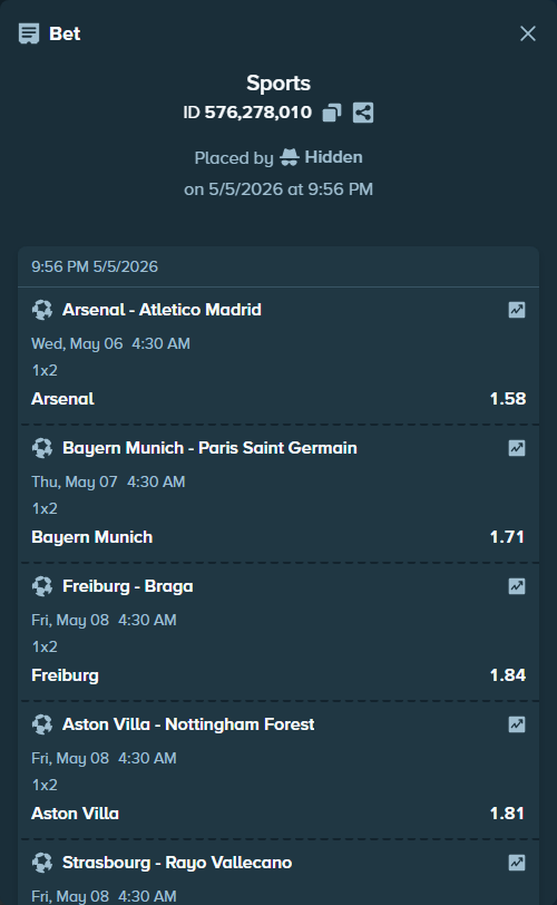 Bet slip: Freiburg - Braga, $17,660.00 stake at 1.84 odds, placed by Hidden