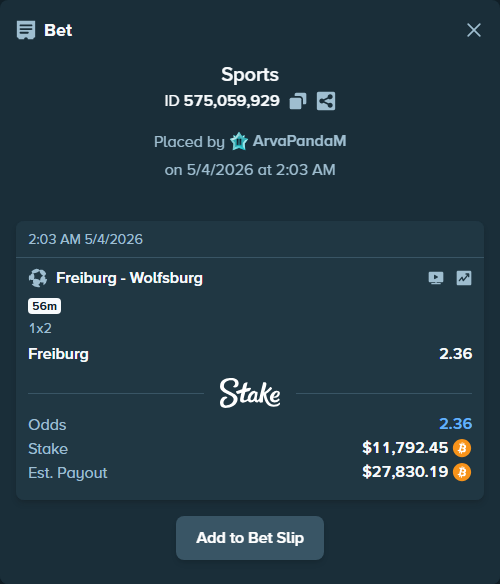 Bet slip: Freiburg - Wolfsburg, $10,500.00 stake at 2.36 odds, placed by ArvaPandaM