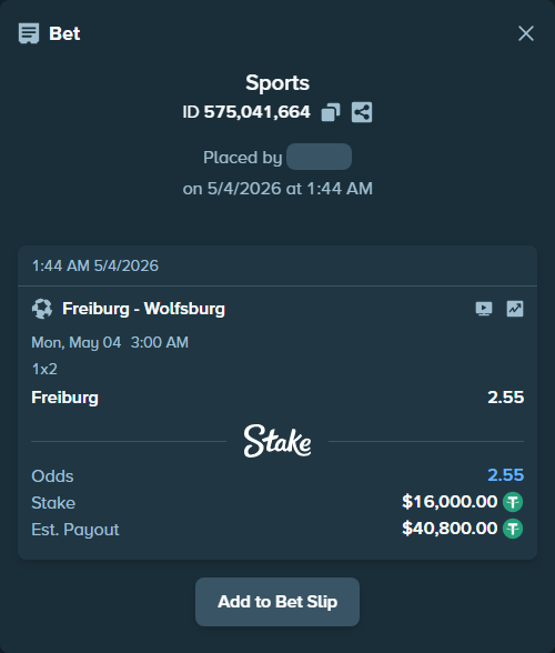 Bet slip: Freiburg - Wolfsburg, $16,000.00 stake at 2.55 odds, placed by Håvardlied2004