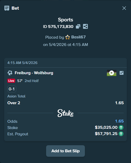 Bet slip: Freiburg - Wolfsburg, $35,025.00 stake at 1.65 odds, placed by Basil67