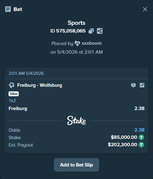 Bet slip: Freiburg - Wolfsburg, $85,000.00 stake at 2.38 odds, placed by xxxboom