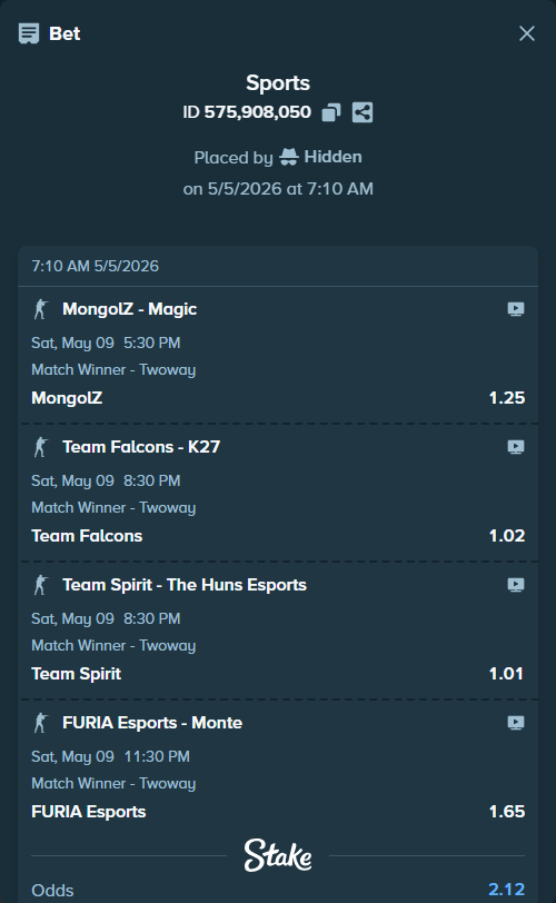 Bet slip: FURIA Esports - Monte, $15,250.00 stake at 1.65 odds, placed by Hidden