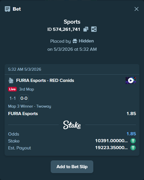 Bet slip: FURIA Esports - RED Canids, $10,391.00 stake at 1.85 odds, placed by Hidden
