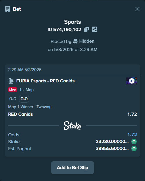 Bet slip: FURIA Esports - RED Canids, $23,230.00 stake at 1.72 odds, placed by Hidden
