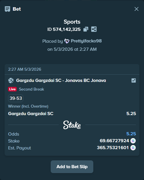 Bet slip: Gargzdai Basketball - BC Jonava, $13,933.46 stake at 5.25 odds, placed by Prettylfacko98