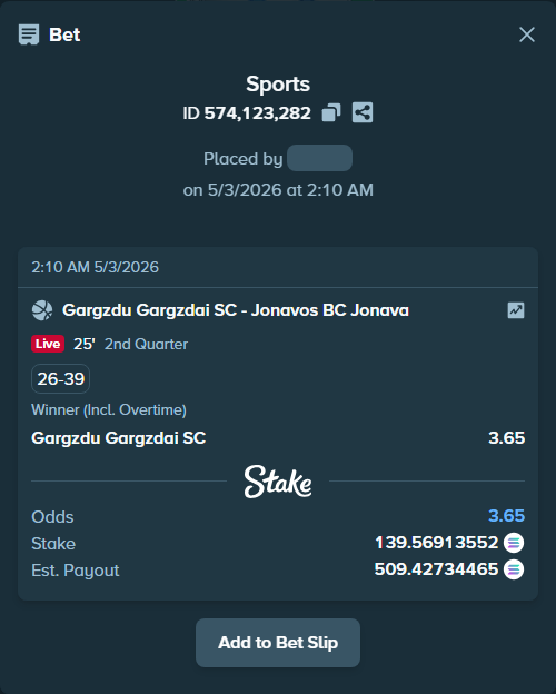 Bet slip: Gargzdai Basketball - BC Jonava, $27,913.83 stake at 3.65 odds, placed by Prettylfacko98